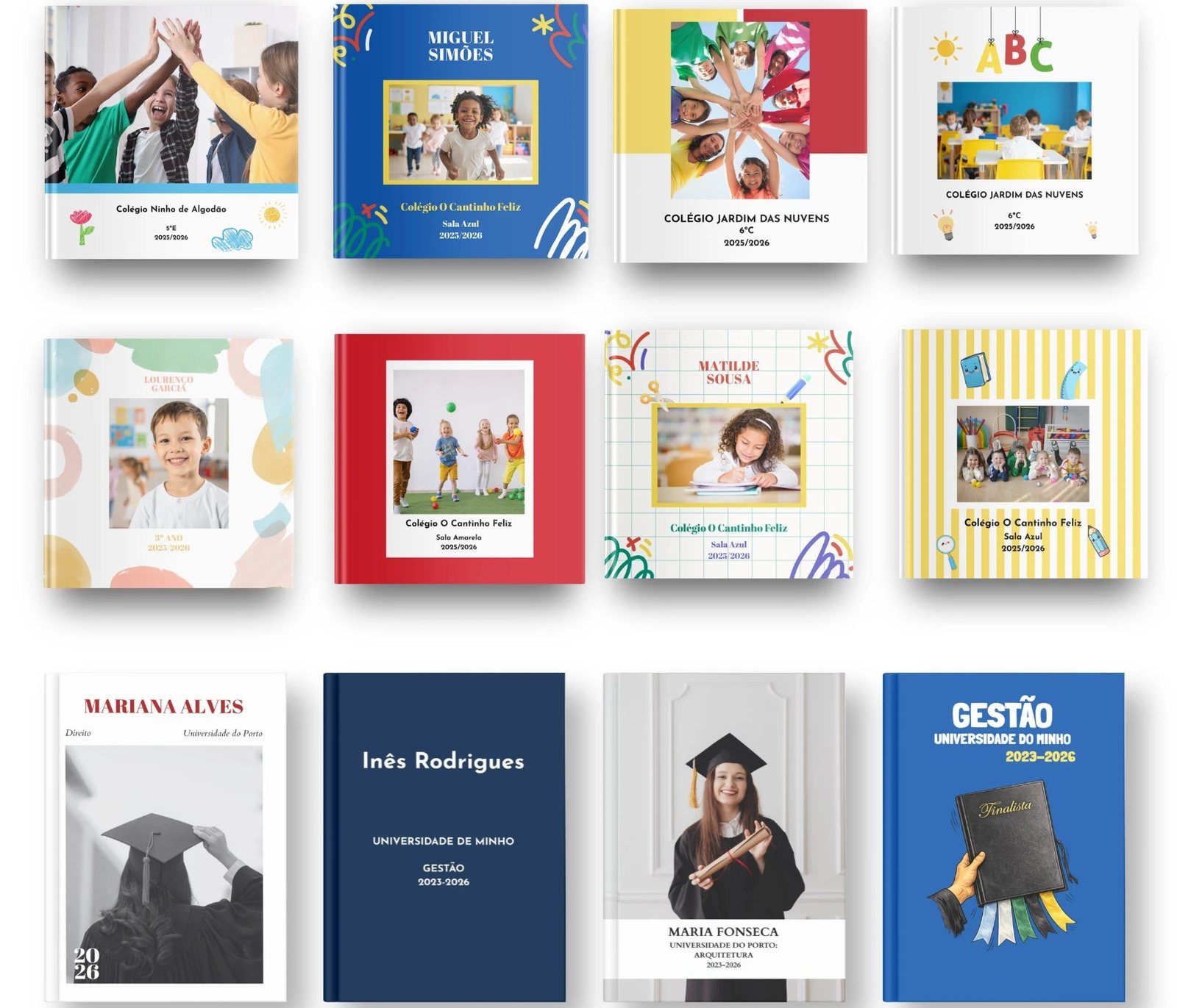 Capas reais de álbuns de turma Céu Azul para creches, colégios e finalistas