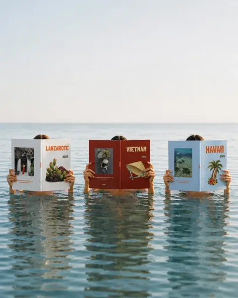 Três clientes no mar a mostrar os álbuns Lanzarote, Vietnam e Hawaii